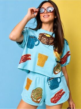 NWT Queen of Sparkles Queen of Breakfast Sequin Top Shorts Set